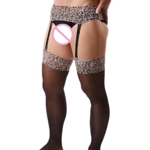 Summer Mens Sexy Fashion Leopard Pantyhose Mens Sheer Tights Crotchless Stockings Fetish Pantyhose for Male Underwear Lingerie