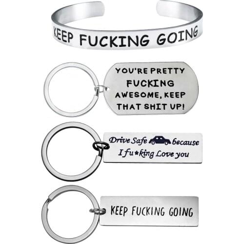 Keep F*king Going Inspirational Keyring Key Rings Cuff Bangle Women Men Bracelet Keychain Gift Teens Girls Sister Friend