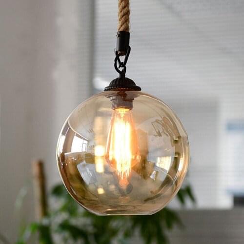 Loft Vintage retro Industrial Glass Ball Hemp rope Pendant Lights E27 AC 110V 220V lamp for Dining room Living Room Cafe Bar