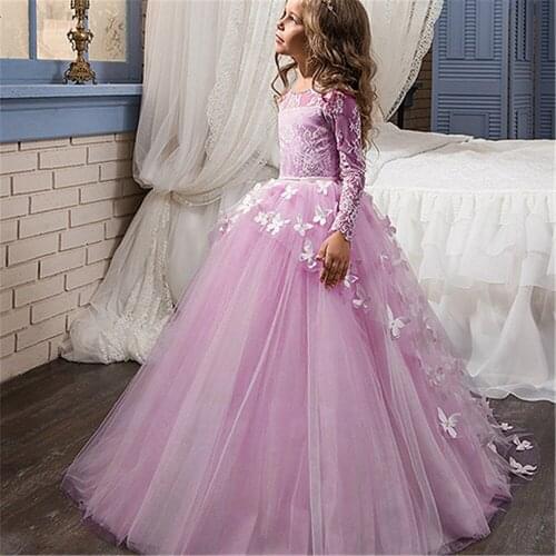 Fancy Flower Baby Girl Dress Child Long Sleeves Butterfly Pink Mesh Ball Gowns Kids Holy Communion Dresses 1-14 Year Old