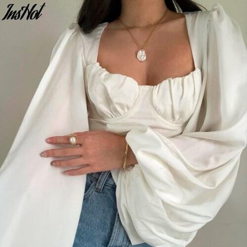Women Sexy Backless Long Lantern Sleeve White Square Neck Bow Bandage Blouse Summer Casual Low Cut Crop Shirt Top