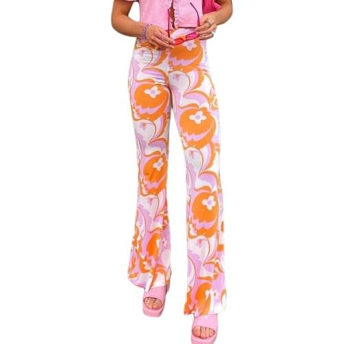Women Spring Autumn Flared Trousers Full Floral Printing High-Waist Ankle-Length Bell-Bottomed Pants for Girls