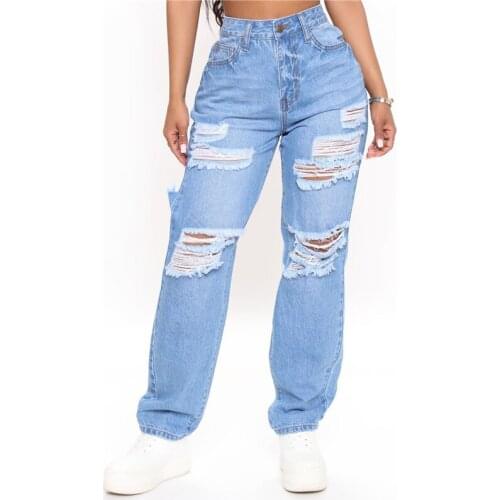 Summer 2021 Ripped Light Blue Loose High Waist Boyfriend Jeans for Women Fashion Casual Denim Wide Leg Pants Trousers Streetwear