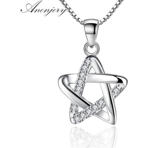 ANENJERY 925 Sterling Silver Hollow CZ Five-pointed Star Pendant Necklace For Women 45cm Chain Necklace collares S-N204