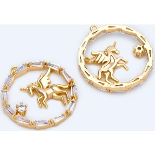 4pcs Gold Unicorn Charm, 18x17mm, CZ paved round circle pendant (#GB-1264)