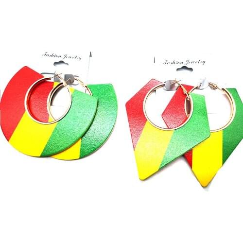 Free Shipping!red yellow green geometric wooden stud earrings