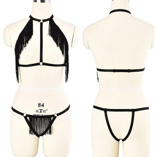 Black Tassels Harness Bra Pastel Goth Pole Dance Rave Body Harness Goth Elastic Adjust Bottom Pantie G-string Sexy Lingerie Set