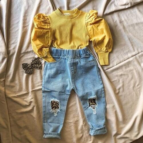 FOCUSNORM 1-6Y Fashion Kids Girls 2pcs Clothes Sets Solid Knit Long Puff Sleeve Pullover Tops+Leopard Ripped Denim Pants