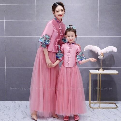 Mother Daughter Girls Chinese Traditional Tang Suit Hanfu Princess Embroidery Cheongsam Women Formal Dress Children Party Qipao