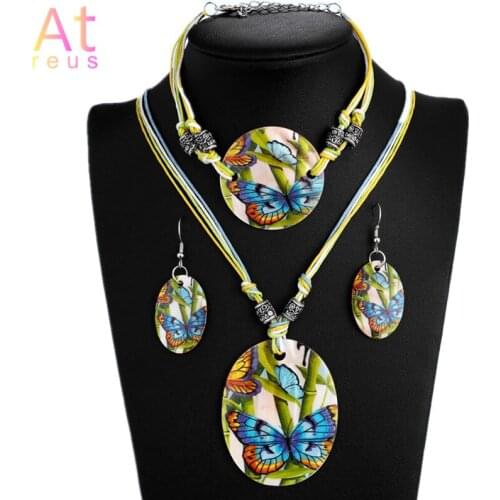 Freshwater Shell Stone Jewelry Set Oval Pendant Necklace Printed Butterfly Drop Earrings Handmade Wax Rope Weave Bracelet Women