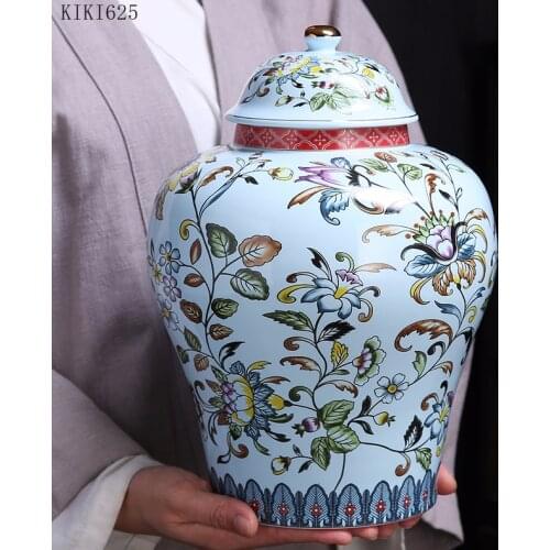 Creative Painted Flower Vine Ceramic General Jar with Lid Flower Arrangement Vase Household Sealed Storage Jar Home Decoration