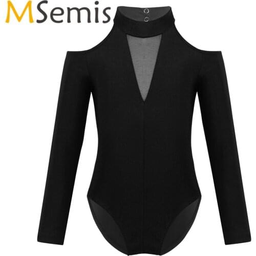 Kids Girls Gymnastics Leotard Jumpsuit Fitness Off-shoulder Long Sleeves Mock Neck Cutout Back Childrens Ballet Dance Bodysuit