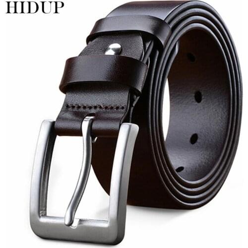 HIDUP Mens Top Quality Solid Cow Skin Leather Belts Casual Stainless Steel Buckle Metal Genuine Belt Jeans Accessories NWJ624