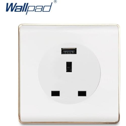 Wallpad USB UK 13A Socket Wall Power Socket Electric Outlet White PC Panel With Gold Edge For Home