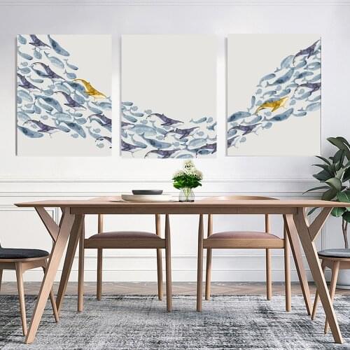 3 Panel Fish Canvas Picture light blue gold abstract Canvas Art Painting For Cafe dinning Room Hotel Wall Decor