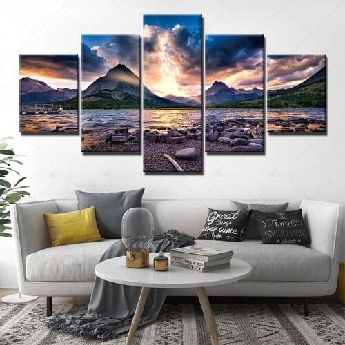 Prints Poster Wall Art Modular Canvas Sunset Pictures Landscape Clouds Painting Frame Home Background Living Room Decor 5 Panel