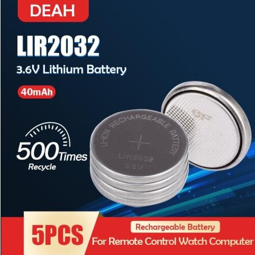 5PCS LIR2032 LIR 2032 3.6V Rechargeable Lithium Battery For Watch Remote Control Scale Button Coin Cell Replace CR2032 ML2032