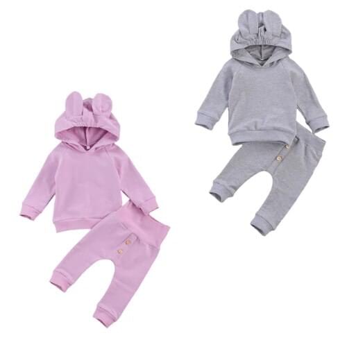 2 Pcs Baby Boys Girls Casual Tracksuit Clothes,Solid Color Hoodie Sweatshirt Top with Cute Ears+ButtonTrousers Winter Outfits