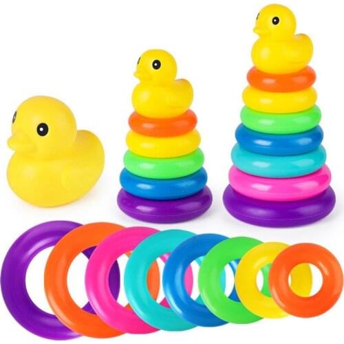 Rainbow Tower Stacking Rings Tower Duck Montessori Toy For Kids Toddler Bath Tub Early Development Play Toys Baby Toys Gift