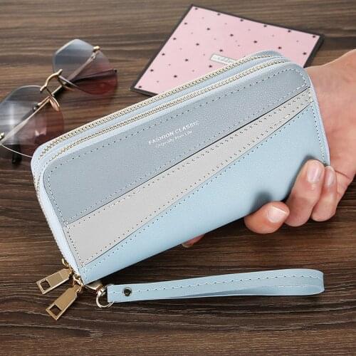 Light Blue Color Patchwork Double Zipper Wallet PU Leather Card Holder Women Two Layers Bag Large Capacity Wristlet Cultch Purse