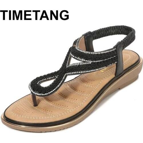 TIMETANG Bohemian Fashion Summer Beach Shoes Women Sandalias Rhinestones Weave Elastic Band Flat Bottom Big Size Ladies Sandals