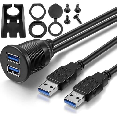 USB 2.0 Port Male to Female Extension Cable Waterproof Flush Mount Dual USB Dock Adapter Dashboard Pan for Car Motorcycle