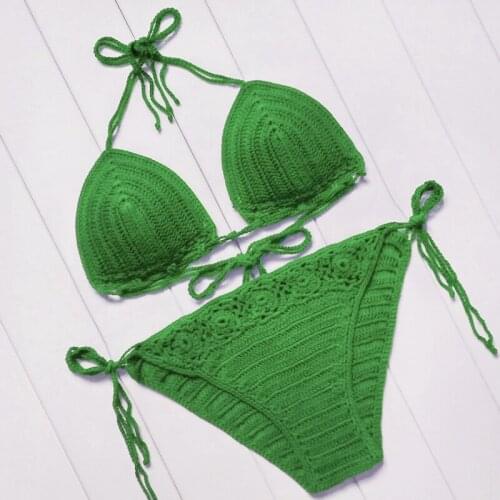 Handmade Crochet Bikini Set Sexy Women Halter Push Up Swimwear Triangle Low Waist trikini micro Swimsuit Bathing Suit Beachwear