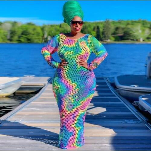 XL-5XL Plus Size Tie Dye Print Long Party Dress Women Fishnet Hollow Out See Through Robe Sexy See Through Dress No Underwear