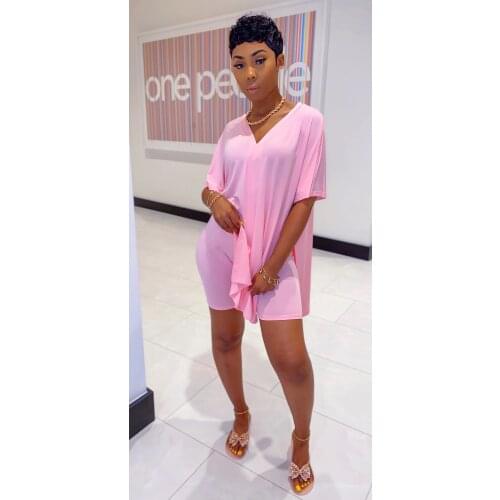 S-XXXL Women 2 Piece Outfit Loungewear Solid Batwing Sleeve Split Oversized T-Shirt Biker Shorts Workout Tracksuit