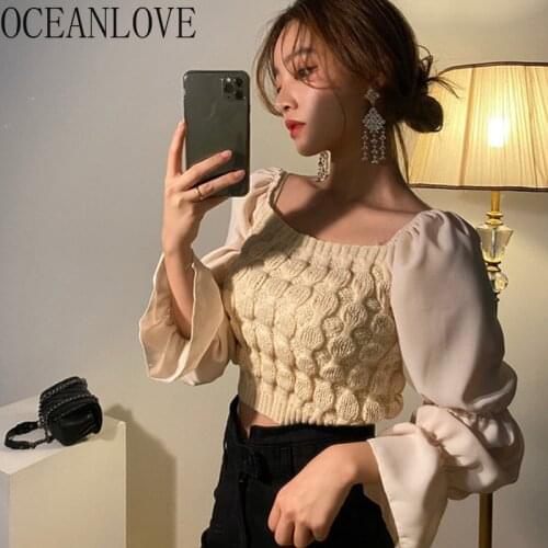 OCEANLOVE Short Sweaters Womens Solid Chiffon Sleeve Patchwork Mujer Sueteres Korean Sexy Autumn Pullovers Fashion 18775