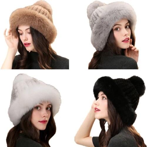 Women Real Mink Fur Christmas Hats Real Fox Fur Brim Winter Warm Cap For Lady