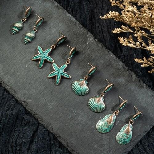 Charming Punk Shaped Like Shells Marine Alements Antique Copper Green Dangle 2019 Fashion For Women Earrings Accessories