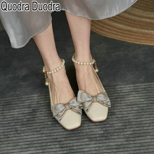 Genuine Leather new Women Pump shoes Thick High Heels Chunky Square toe solid butterfly-knot casual fashion beads Big Size 36 40