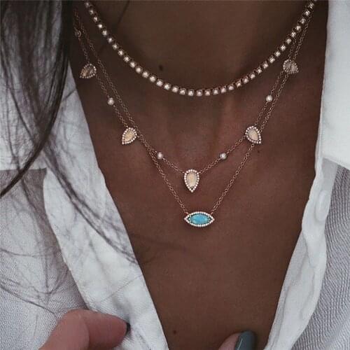 2020 Boho Fashion Blue Eye Crystal Water Drop Pendant Necklaces For Women Vintage Gold Necklace Multilayer Female Jewelry Gift