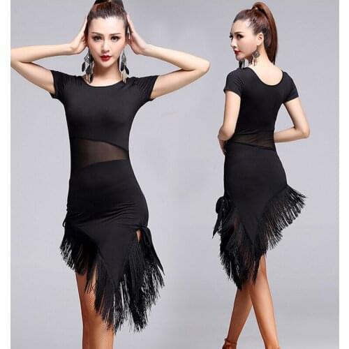 Adult Latin Dance Dress Short-sleeve Latin Dance Tassel One-Piece Dress for Women Latin Dress Ballroom tango Cha Cha Costumes