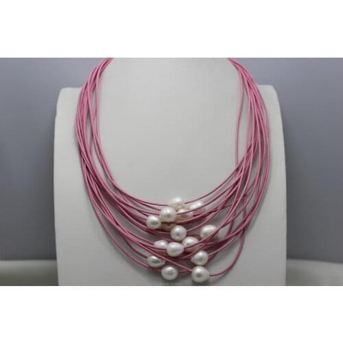 15strands Pink leather and pearls necklace 9X12mm 45cm