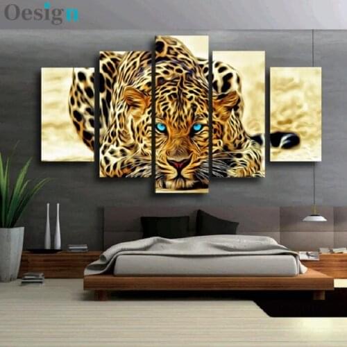 5 Pcs Unframed Abstract Blue Eyes Leopards HD Wall Picture Decorative Oil Painting On Canvas Home Decoration For Living Room