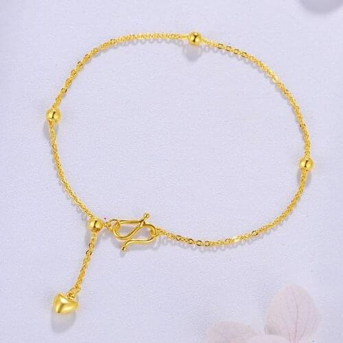 Real Solid 24K Yellow Gold Woman Bracelet Lucky Beads With O Chain Link Adjustable Bracelet 17.5cmL Best Gift