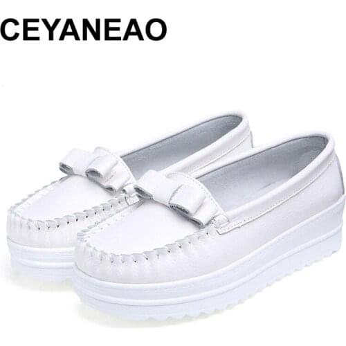 CEYANEAO Fashion Bowknot Platform Women Fall Loafers Lace Up Tassels Genuine Leather Casual Loafers Comfortable Shoes Woman