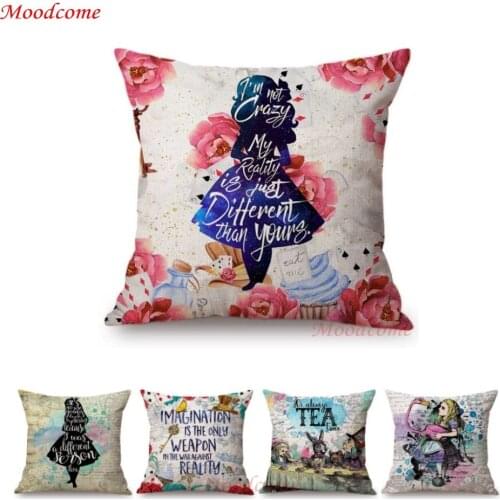 Floral Alice Wonderland Adventure Letter Print Home Decorative Throw Pillow Case Tea Party Art Linen Kids Cushion Cover