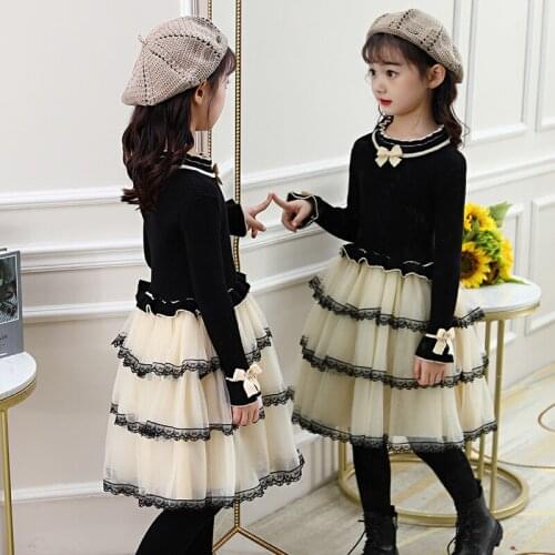 Korean Style Children Dress Autumn Winter Girls Sweater Dresses Bow Mesh Ball Gown Dress DT553