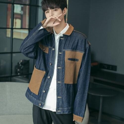 Three-dimensional Patch Pocket Lapel Stitching Denim Jacket Single-breasted Contrast Color Autumn Long-sleeved Casual Workwear