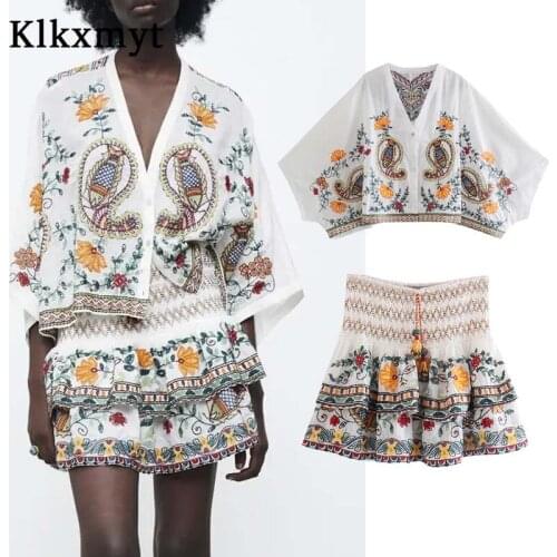 Klkxmyt Za Skirts Womens 2021 Suit Fashion Embroidery Cropped V Neck Shirt Top+High Waisted Mini Skirt 2 Piece Set Woman Suit