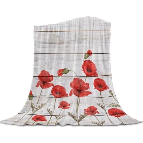Red Poppy Flower Wood Board Printed Flannel Throw Blanket Quilts Keep Warm Sofa Child Blanket Home Textiles Family Gift