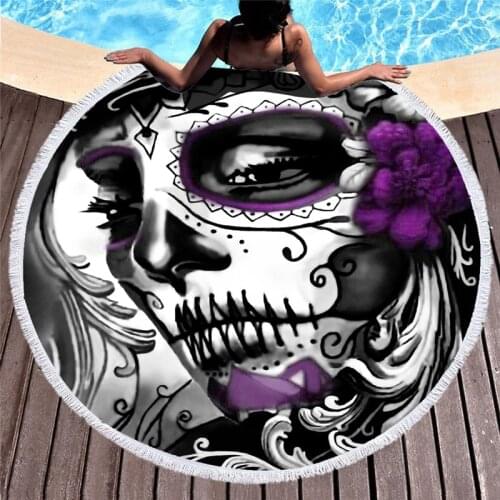 3D Skull Round Beach Towel Gothic Sexy Girl Microfiber Fabric Large Big Shower Bath Towel Yaga Picnic Mat Blanket Adult Cover Up