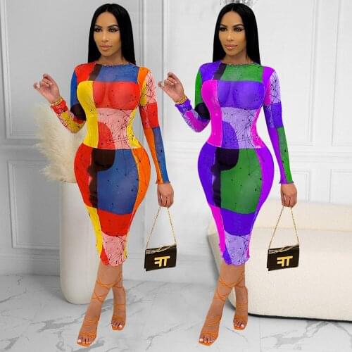 SUJYing Summer Womens New Fashion Sexy Screen Perspective Digital Printing Long Sleeve Womens Dress