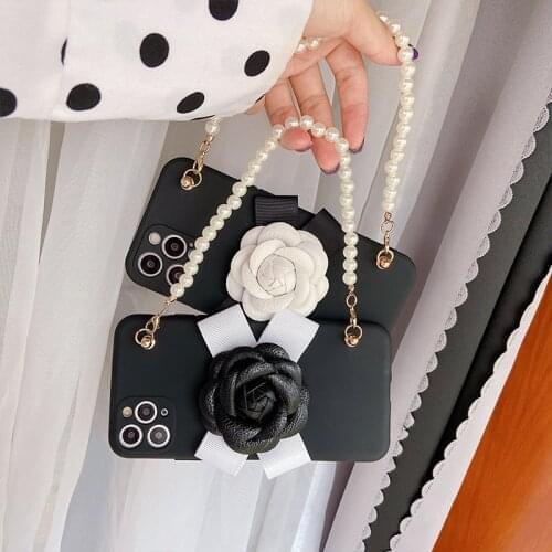 Fashion 3D Camellia Flower Pearl Bracelet Hand Chain Liquid Soft Case Cover For iPhone 12 Mini 11 Pro XS Max X XR 8 7 6S Plus SE
