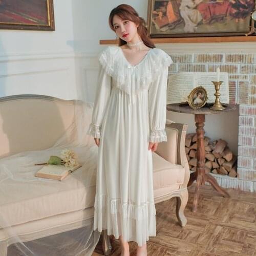 Retro Palace Princess with Bra Pad Nightdress Womens Spring and Autumn Long Sleeve French Sexy Lace Long Nightdress
