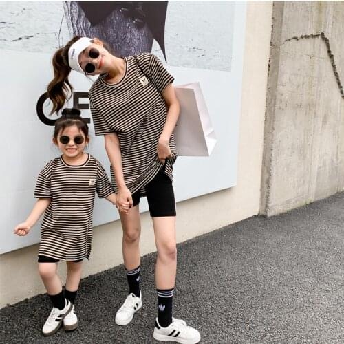 Family Matching Clothes Summer New Casual Striped Split Cotton Long T Shirts For Mother And Daughter Mom And Girls Outfits Tees