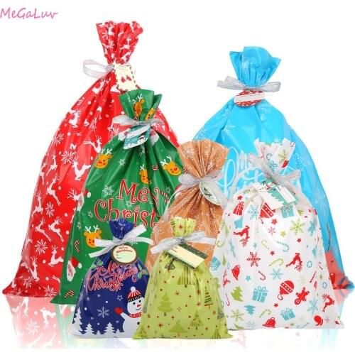 8pcs Christmas Gift Wrapping Bags Plastic Packaging Bag With Ribbons Candy Gift Packaging Bag Xmas Gift Bag Holiday Treats Bag